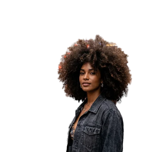 Portrait of curly-haired woman with background removed and hair edges preserved